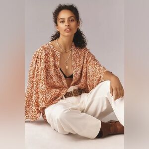 Anthropologie Pilcro Sidney Printed Batwing Blouse Bronze Terracotta SMALL Print